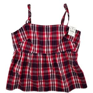 J. Crew Sleeveless Plaid Red White Blue Americana Babydoll Spaghetti Strap Top 4